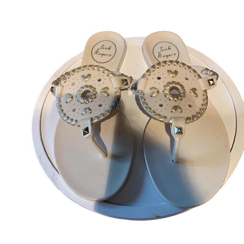 Jack Rogers Gel Jelly‎ Sandals Wht. w/ Shiny Gold Stitching Wen Sz 5 EUC